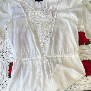 White Cover Up Crochet Trim Drawstring Boho Swim Dress Tunic Top 🤍 Cotton